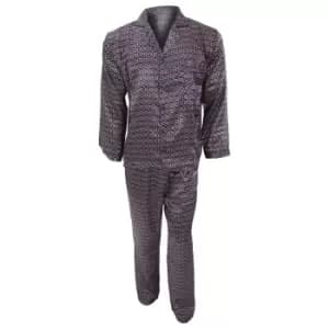 Mens Traditional Patterned Long Sleeve Satin Shirt & Bottoms Pyjamas/Nightwear Set (XL Chest: 44inch) (Navy)