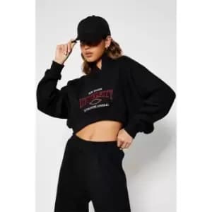I Saw It First University Graphic Cropped Half Zip Sweatshirt - Black
