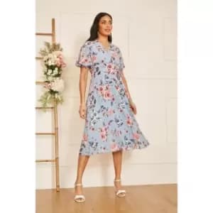Yumi Blue Floral Pleated Wrap Midi Dress - Blue