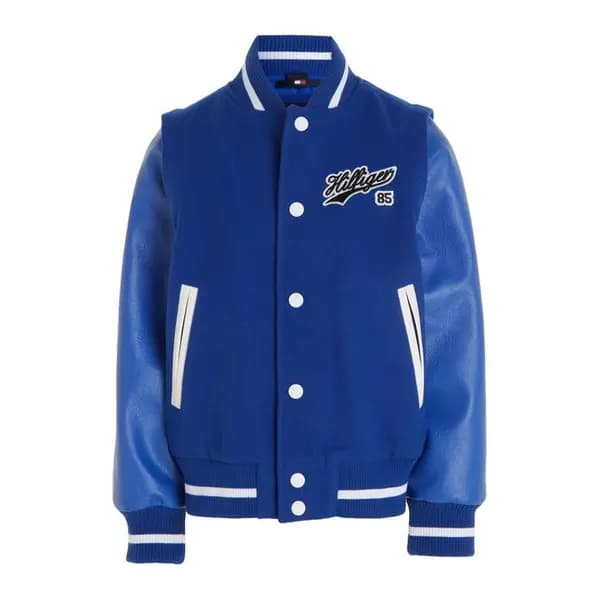 Tommy Hilfiger Varsity Zip-Off Sleeves Script Back Logo Bomber Jacket Juniors - Blue One Size