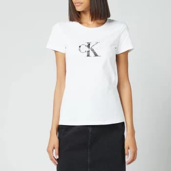 Calvin Klein Jeans Womens Seasonal Filled Monogram T-Shirt - Bright White/Reptile - L