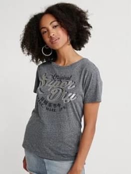 Superdry New Mock Sequin Logo Entry T-Shirt, Blue, Size 10, Women