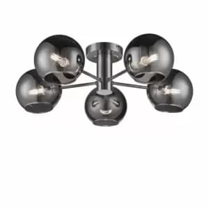 Nielsen Verney Modern Contemporary Chandelier Satin Silver Flush 5 Way Ceiling Light Smoked Glass Shades