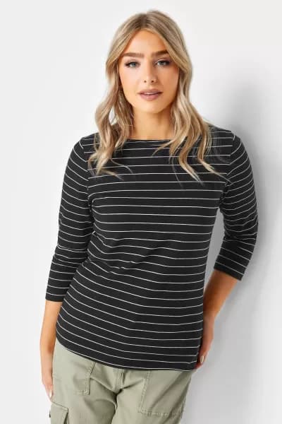 Womens Black Stripe Cotton Blend Top