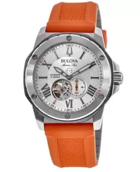 Bulova Marine Star Silver Dial Orange Rubber Strap Mens Watch 98A226 98A226