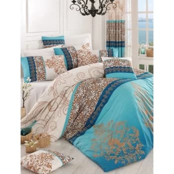 172PRL68417 Katre - Turquoise Turquoise Ecru Blue Brown Ranforce King Quilt Cover Set (FR)