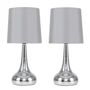 Pair of Chrome Teardrop Touch Table Lamps With Grey Shades