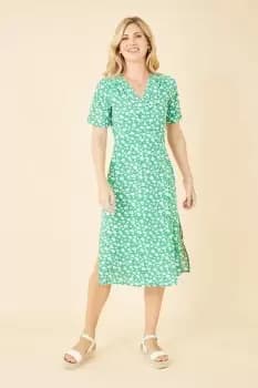Green Ditsy Print Wrap Over Dress