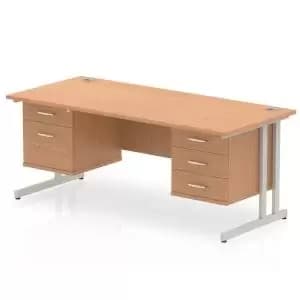 Impulse 1600 Rectangle Silver Cant Leg Desk OAK 1 x 2 Drawer 1 x 3
