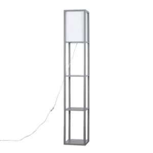 Wooden Shelving Unit Floor Lamp With Fabric Shade in Grey