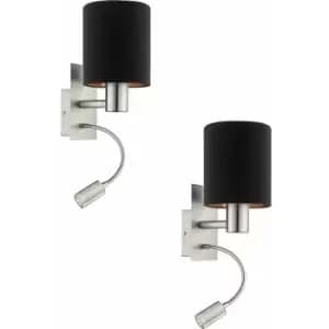 2 pack Wall Light Satin Nickel Shade Black Copper Fabric E27 LED 1x40W 1x3.5W