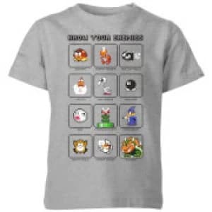 Nintendo Super Mario Know Your Enemies Kid's T-Shirt - Grey - 11-12 Years
