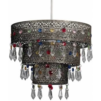 Minisun - Moroccan 3 Tier Distressed Ceiling Pendant Light Shade + Multi-coloured Acrylic Jewel Droplets - No Bulb