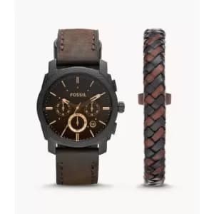 Fossil Mens Machine Chronograph Leather Watch And Bracelet Box Set - Dark Brown