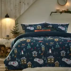 Furn. Winter Pines Navy Duvet Cover and Pillowcase Set Navy Blue/Red/White