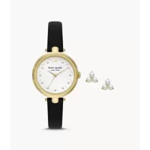 Kate Spade New York Womens Holland Three-Hand Leather Watch And Earrings Set - Black