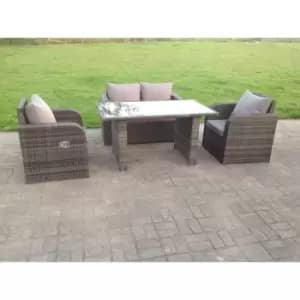 Fimous 4 Seater Outdoor Dark Grey Rattan Lounge Complete Sofa Set with Adjustable Chair and Black Glass Dining Table