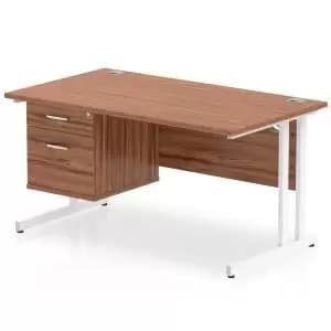 Impulse 1400 Rectangle White Cant Leg Desk WALNUT 1 x 2 Drawer Fixed