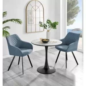 Furniture Box Elina White Marble Effect Round Dining Table and 2 Blue Falun Black Leg Chairs