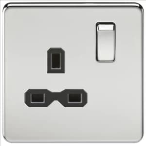 KnightsBridge 1G DP 13A 230V Screwless Polished Chrome UK 3 Pin Switched Electrical Wall Socket - Black Insert