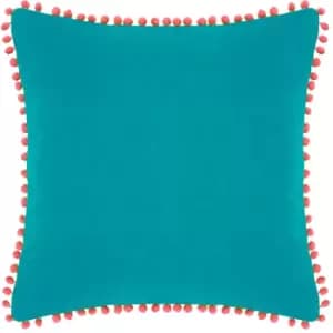 Velvet Pompom Cushion Teal/Coral