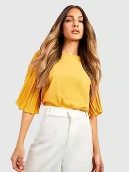 Boohoo Pleated Sleeve Woven Blouse - Ochre, Cream, Size 8, Women