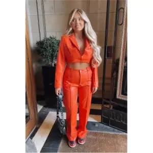 I Saw It First Orange Cropped Faux Leather Blazer With Shoulder Pads - Orange