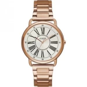 GUESS Ladies rose gold watch with white roman numeral dial.