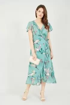 Blue Frill Crane Wrap Midi Dress