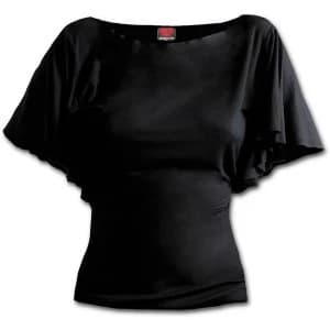 Gothic Elegance Boat Neck Bat Sleeve Womens Large Short Sleeve Top - Black