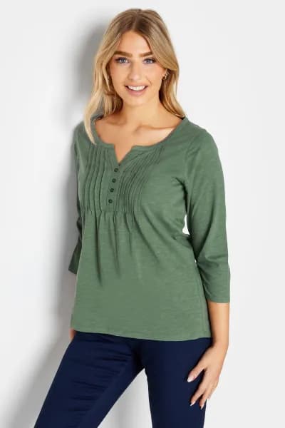 Cotton Pleated Henley Top