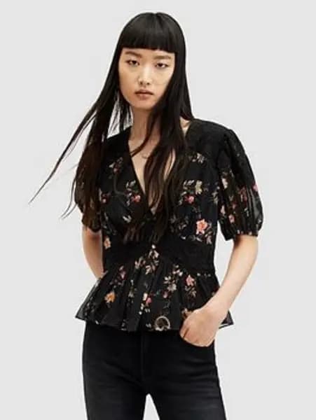 AllSaints Dinah Tanana Puff Sleeve Lace Trim Top