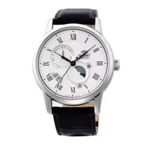 Orient Bambino Sun & Moon Mechanical White Dial Black Leather Strap Mens Watch RA-AK0008S10B