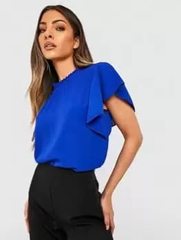Boohoo Frill Sleeve Blouse - Cobalt, Blue, Size 8, Women