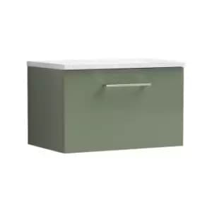 Nuie Arno Satin Green 600mm Wall Hung Single Drawer Vanity Unit with Sparkling White Laminate Worktop - ARN822LSW - Satin Green