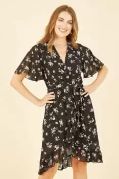 Black Floral Frill Wrap Dress
