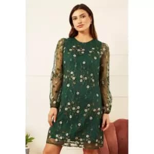 Yumi Green Embroidered Floral Tunic Dress - Green