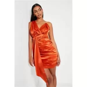 I Saw It First Orange Satin Asymmetric Strap Drape Bodycon Dress - Orange