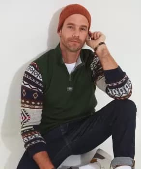 Aztec Print Contrast Sleeve Khaki Quarter Zip Funnel