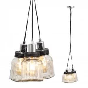 Eyre 3-Way Pendant in Chrome with Ribbed Glass Jars