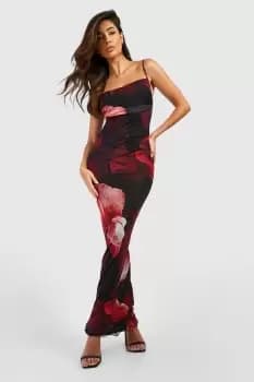Abstract Floral Print Mesh Maxi Slip Dress
