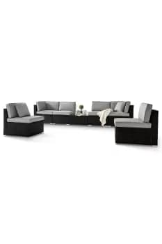 ORLANDO Black 6 Seater PE Rattan Outdoor Garden Modular Sofa Set with Glass Topped Coffee Table and Grey Cushions