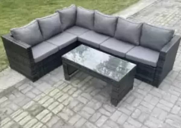 Fimous 6 Seater Outdoor Dark Grey Rattan Lounge Complete Sofa Set Left Side with Rectangular Coffee Table