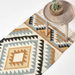 Agra Handwoven Ochre Gold, Silver Grey and Black Diamond Pattern Kilim Wool Rug, 66 x 200cm - Multi Colour - Homescapes