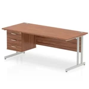 Impulse 1800 Rectangle Silver Cant Leg Desk WALNUT 1 x 3 Drawer Fixed Ped