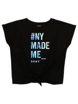 DKNY Girls Tie Front Slogan Short Sleeve T-Shirt - Black, White, Size Age: 10 Years, Women