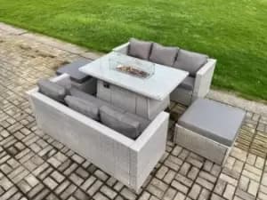 Fimous 6 Seater Outdoor Light Grey Rattan Lounge Complete Sofa Set with Gas Fire Pit Dining Table, Heater and Big Footstool