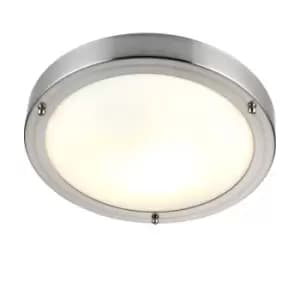 Flush Bathroom Ceiling Light IP44 - Satin Nickel& Frosted Glass - 60W E27 GLS