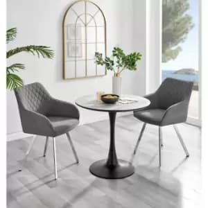 Furniture Box Elina White Marble Effect Round Dining Table and 2 Dark Grey Falun Silver Leg Chairs