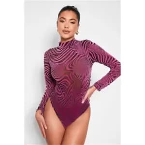 I Saw It First Pink Zebra Print Flocked Mesh Long Sleeve Bodysuit - Pink